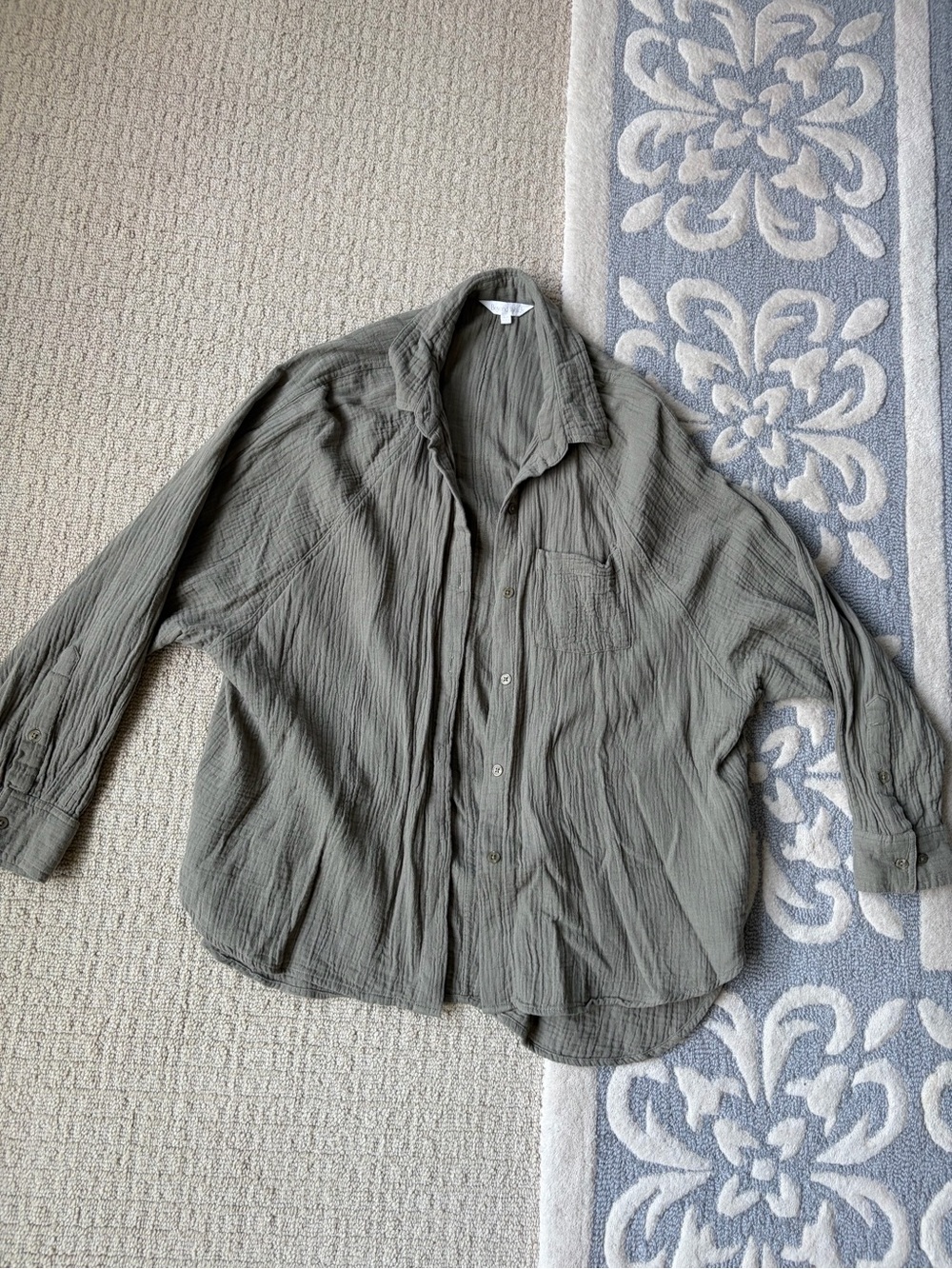 Beyond Words Lightweight Crinkled Button-Up Shirt in Olive Green